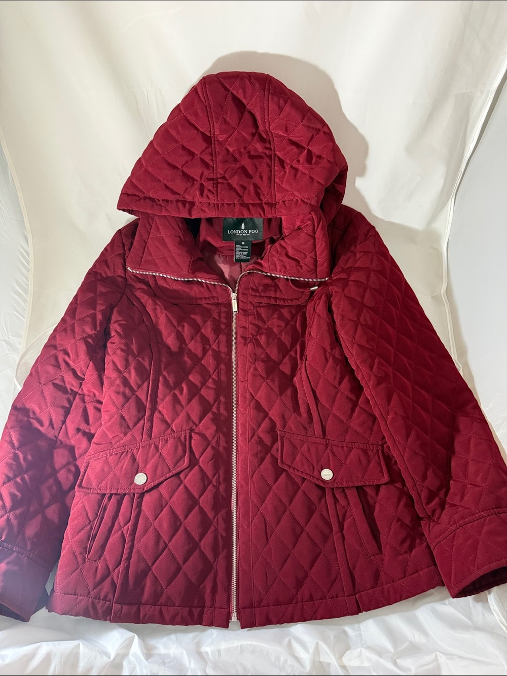 London Fog Quilted Hooded Puffer Jacket in Burgundy